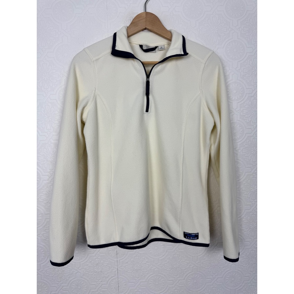 LL Bean Womens Quarter Zip Fleece Pullover Cream Navy Trim 502183 Small Regular